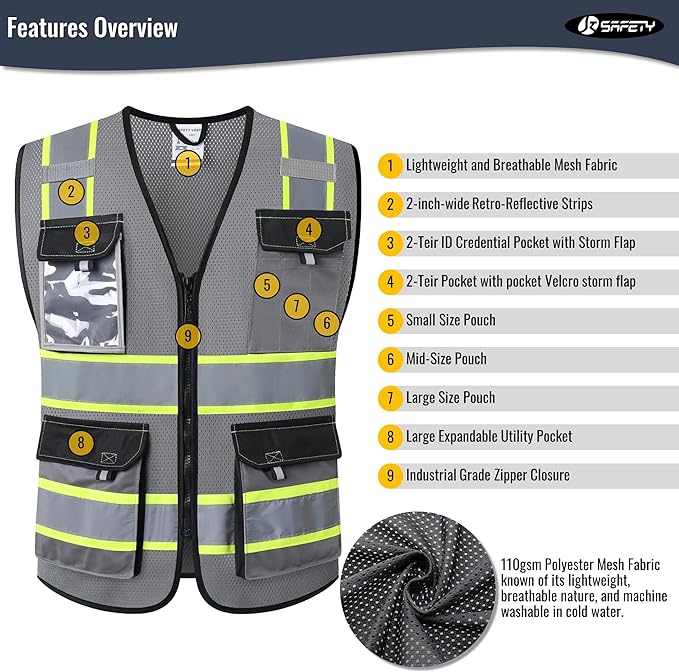 JKSafety Hi Vis Reflective Safety Vests for Men Women High Visibility Vest with Pockets Mesh Fabric Construction Safety Apparel Neon Vest for Work (220-Grey M)