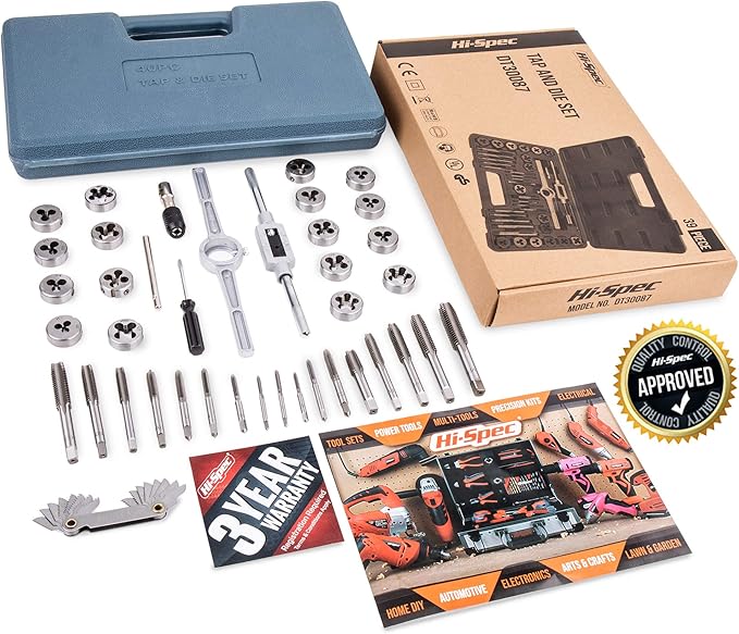 Hi-Spec 39 Piece SAE & Metric Tap & Die Set. Complete M3 to M12 / #4 to 1/2in Fine & Coarse Tools to Cut, Chase and Thread with Screw Pitch Gauge in a Tray Case