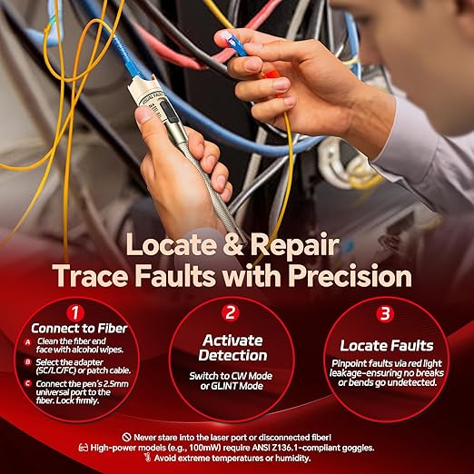 VFLVisual Fault Locator Kit 50mw,Fiber Optic Cable Tester Tool Kit,Fiber Red Light Pen Tester with 2.5mm Universal Connector 2pcs FC-LC Adapter & 1pc LC, SC, FC Coupler & 3 1.5m Patch Cords