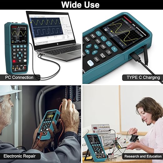 HANMATEK Handheld Digital Oscilloscope 50Mhz Bandwidth with 2 Channels HO52 3.5" TFT Mini Oscilloscope, 2 in 1 Oscilloscope and Multimeter, Backlit Screen, Auto-Calibration Function, Memory Function
