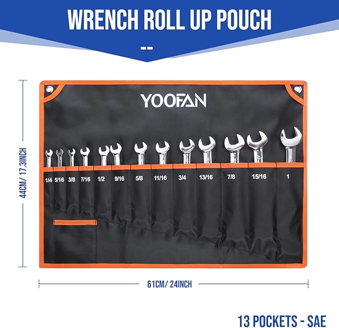 YOOFAN Wrench Roll Up Pouch – Wrench Organizer with 13+1 Pockets, Wrench Bag with handle, Wrench Holder for Hanging, Orange - SAE