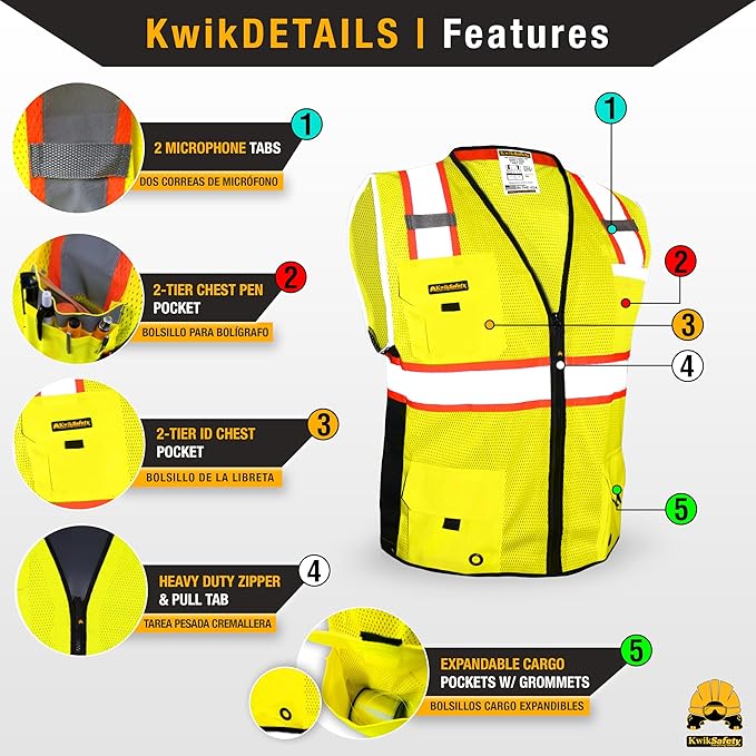 KwikSafety - Charlotte, NC - BIG KAHUNA Safety Vest [11 Pockets] Class 2 ANSI OSHA Reflective Vest Durable High Visibility Vest Construction Safety Vest for Men Industrial Work Gear/Yellow XL