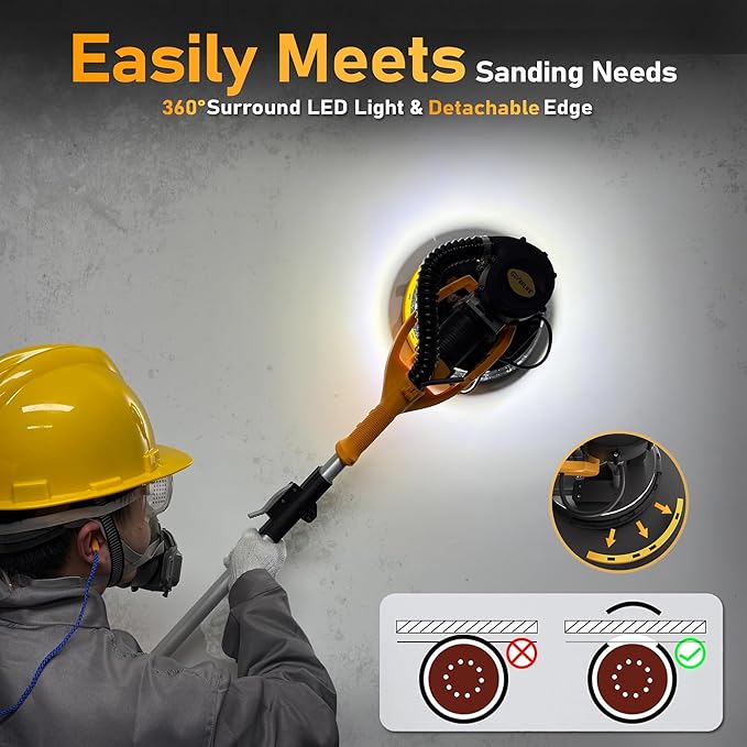 Drywall Sander, 880W 7.33A Electric Drywall Sander with Vacuum Dust Collector, 5 Variable Speed 1000-2100RPM, LED Light, Foldable & Extendable Handle, 12 Sanding Discs