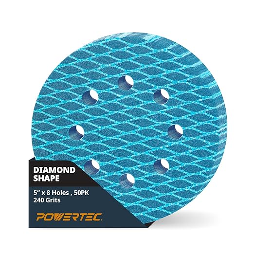 POWERTEC 5 Inch 8-Hole Hook and Loop Diamond Shaped Sanding Discs, 50PK, 240 Grit for Random Orbital Sanders – J-Weight Cloth Backing for Long Life, Anti-Clog Sandpaper (44924)