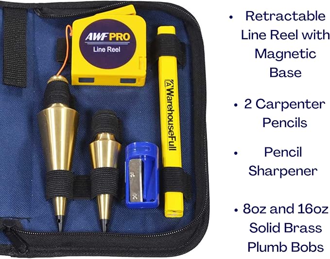 AWF PRO Plumb Bob Kit - 16 oz and 8 oz Solid Brass Plumb Bobs, 14 ft Retractable Line Reel with Magnetic Base, 2 Pencils, Pencil Sharpener, Carrying Case