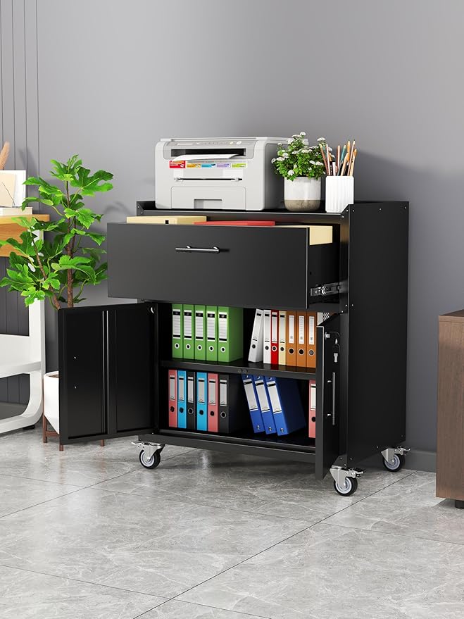 Metal Storage Cabinet, Locking Storage Cabinet with Drawer and Adjustable Shelf, Rolling Tool Cabinets for Garage, Office, Black, Assembly Required (18.4" D x 30.3" W x 35.39" H)