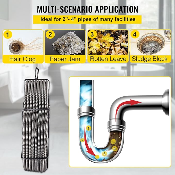 VEVOR Drain Cleaning Cable 50 Feet x 3/8 Inch Solid Core Cable Sewer Cable Drain Auger Cable Cleaner Snake Clog Pipe Drain Cleaning Cable Drain Auger Snake Pipe