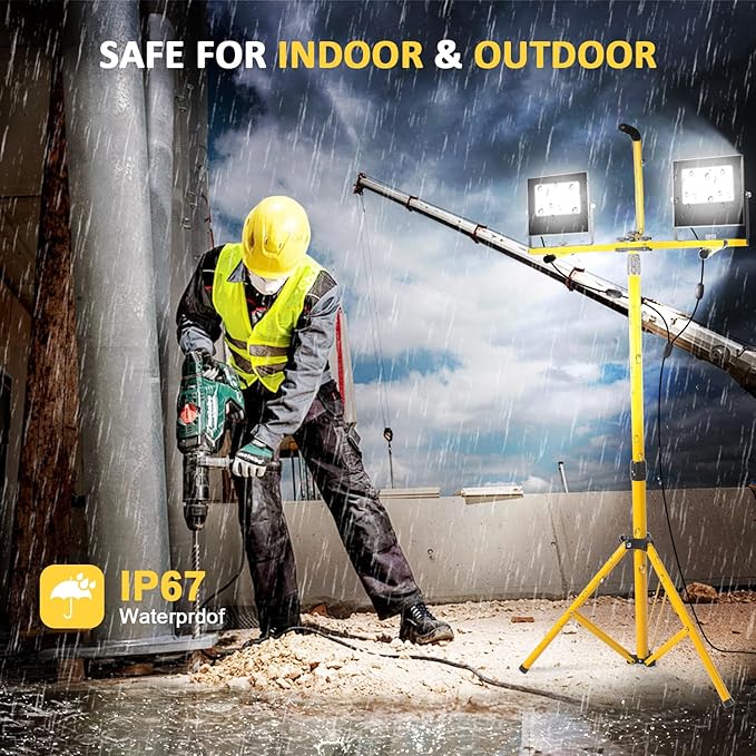 24000 Lumen Work Lights with Stand, Floodlight Works Light Adjustable 2 Head Tripod Work Light IP67 Waterproof Tripod Work Lights Stand