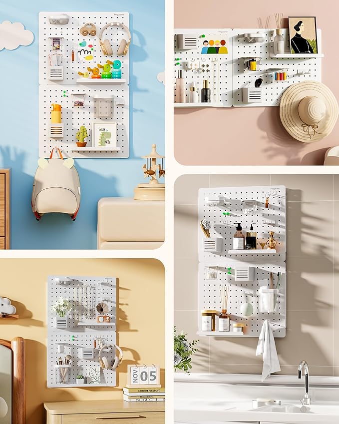Pegboard Wall Organizer Combination Kit,Overall 33.1"x20.5" Metal Office Pegboard with 19 Accessories, Wall Mounted Peg board Display Panels for Home, Gaming Room, Garage (2Pcs,White)
