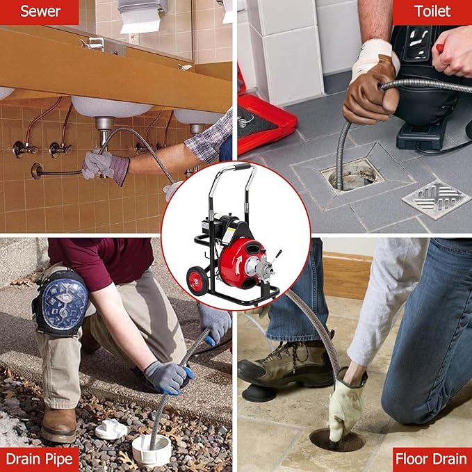 75 FT x 1/2 Inch Drain Cleaner Machine with 370W Motor, Auto Feed Sewer Snake Auger with 8 Cutters & Air-activated Foot Switch, Semi-Enclosed Drum Drain Cleaning Tool for 2" to 4" Pipes