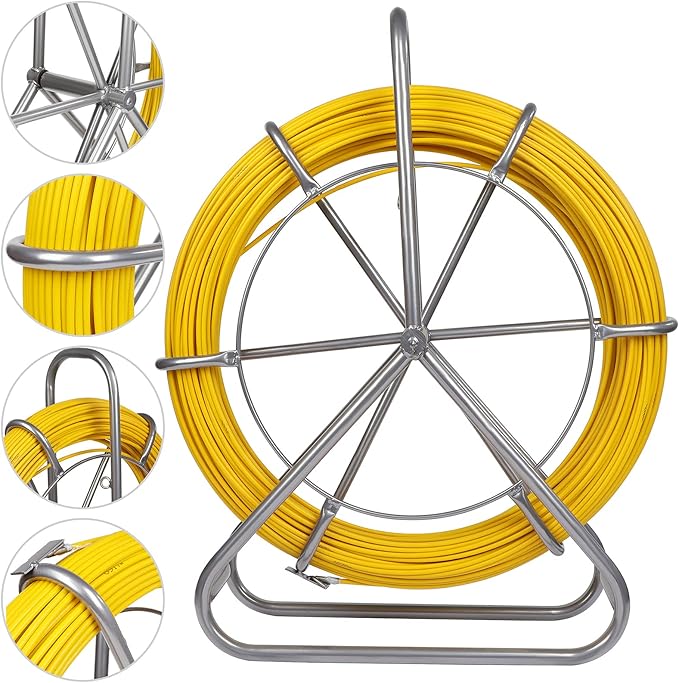Fish Tape Fiberglass 6MM 425FT Fishing Wire Duct Rodder Cable Puller Running Electrical Fishtape Rod with Steel Wheel Stand Reel through Wall Pipe