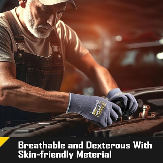 COOLJOB 3/6/12 Pairs Nitrile Rubber Coated Nylon Safety Work Gloves, Dotted for Non-Slip Grip, Breathable Soft Seamless Knit Nitrile Dipped Gloves for Warehouse, Home Improvement, Yard, Grey Medium