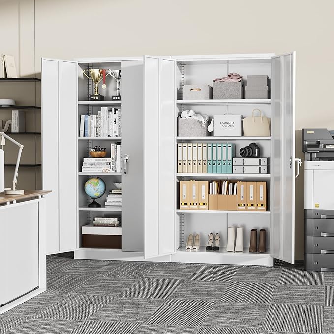 Greenvelly White Metal Storage Cabinet for Garage, 72” Steel Locking Cabinet with Doors and 4 Shelves, Tall Tool Organizer for Garage Systems Lockable File Storage for Home Office, Classroom