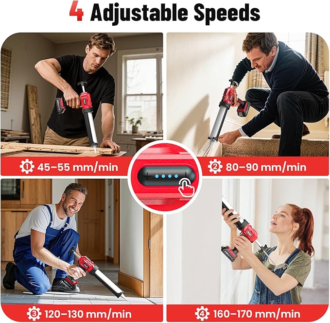 Electric Caulking Gun, Cordless Caulking Gun with 2x 2000mAh Batteries, 9Pcs Silicone Caulking Tools, 4 Adjustable Speeds, LED Light, 10OZ Battery Silicone Gun for Filling, Sealing (Red)