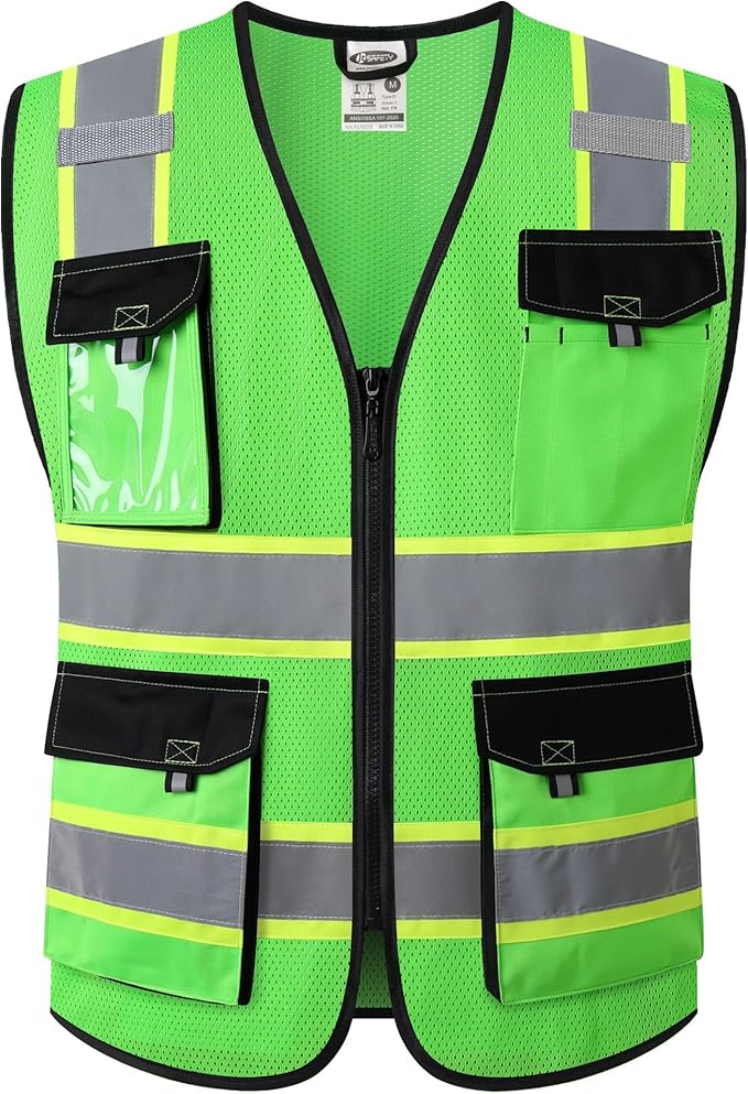 JKSafety Hi Vis Reflective Safety Vests for Men Women High Visibility Vest with Pockets Mesh Fabric Construction Safety Apparel Neon Vest for Work (220-Green 3XL)