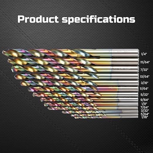 Lichamp Drill Bit Set, 13Pcs M2 HSS Cobalt Drill Bits from 1/16" to 1/4" for Metal, Cast Iron, Stainless Steel and Plastic with Durable Index Metal Storage Case, Colorful Titanium Plating