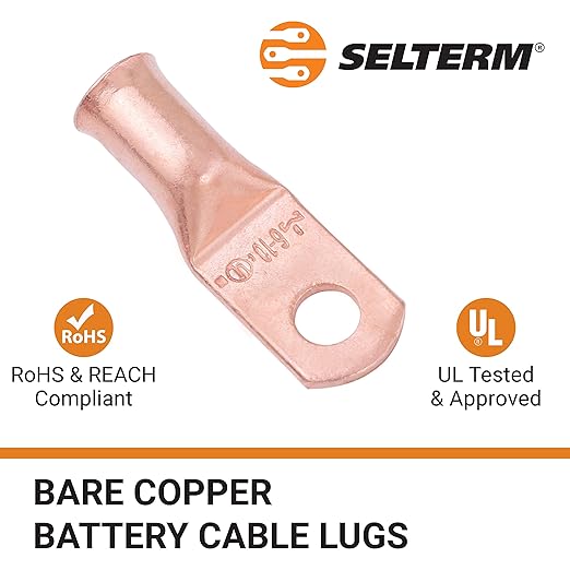 SELTERM 2pcs 6 AWG #10 Stud Copper Wire Lugs, Battery Lugs, Ring Terminals, Battery Cable Ends, 6 Gauge Ring Terminal Connectors, UL Heavy Duty Bare Copper Eyelets Battery Terminal Connectors