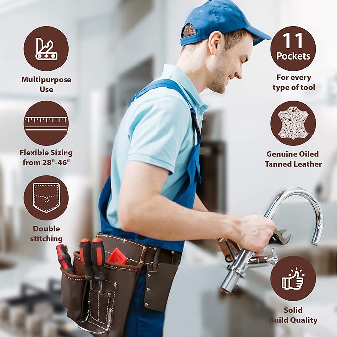 LAUTUS Oil Tanned Leather Tool Belt/Pouch/Bag, Carpenter, Construction, Framers, Handyman, Electrician - 100% LEATHER