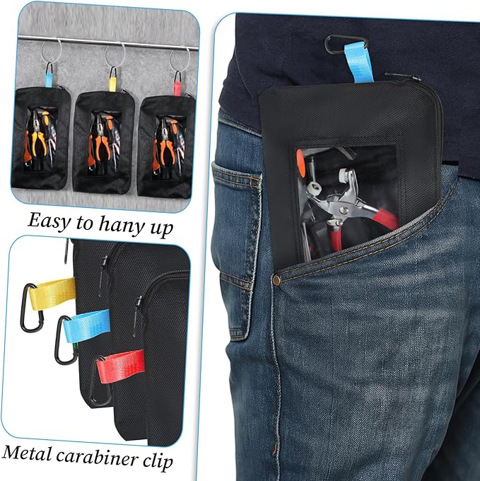 3 Pack Small Tool Organizer Bag, 1680D Oxford Tool Pouch with Zipper, Clear Window Tools Bag Organizer, Heavy Duty 13 x 7.5 x 2 in Tools Pouches for Electricians