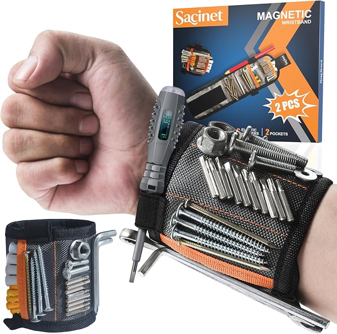 2PCS Magnet Wristband for Tools, Handyman Gift, Magnetic Screw Holder Tool Belt with Premium Nylon, Powerful Magnets and Pockets for Men, Dad, Husband, Grandpa, Gifts for Him and Her