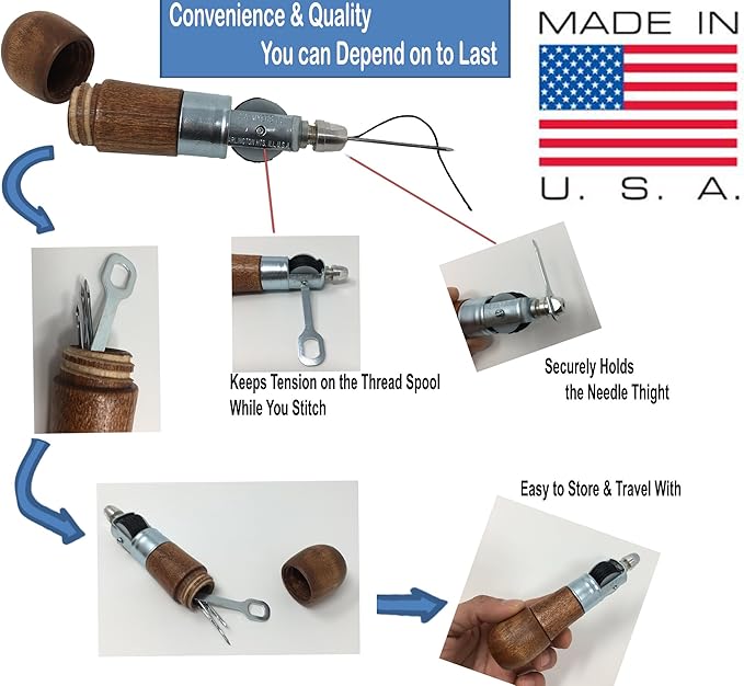 Professional Leathercraft Accessories, Sewing, Stitching Awl Tool Kit & Supplies, HEAVY DUTY - MADE in USA – DIY Craft, Leather, Heavy Fabric, Canvas, Upholstery, Bag, Shoe, Belt Repair Lockstitch Set