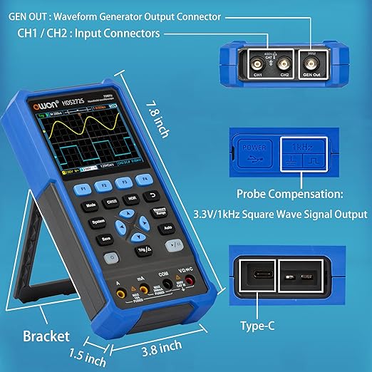 HDS272S Oscilloscope, Handheld Oscilloscope Multiumeter 70MHz Bandwidth 3 in 1 Portable Waveform Generator with 3.5" LCD for Automobile Maintenance, Electronic Measurement