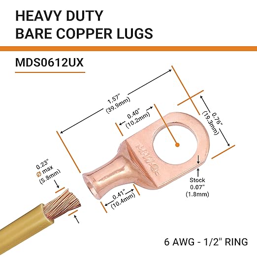 SELTERM 10pcs 6 AWG - 1/2" Stud - Battery Lugs, Heavy Duty Wire Lugs, Ring Terminals, Battery Cable Ends,6 Gauge Terminals, UL Bare Copper Eyelets Electrical Battery Terminal Connectors