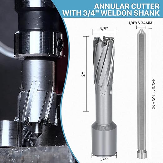 KEENTECH Carbide-Tipped Annular Cutter, 5/8" Diameter x 2" Depth, 3/4" Weldon Shank (2 Flat), High Speed Cutting TCT Mag Drill Bit with Pilot Pin for Harder Material, Stainless Steel, Cast Iron