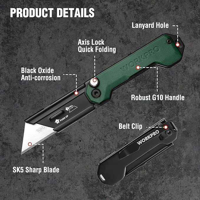 WORKPRO 3-Pack Folding Utility Knife, Compact EDC Box Cutter with G10 Handle, Axis Lock & Belt Clip, Quick Change Blade Razor Knife for Cardboard, Plastic, Cartons, Leather & Rope