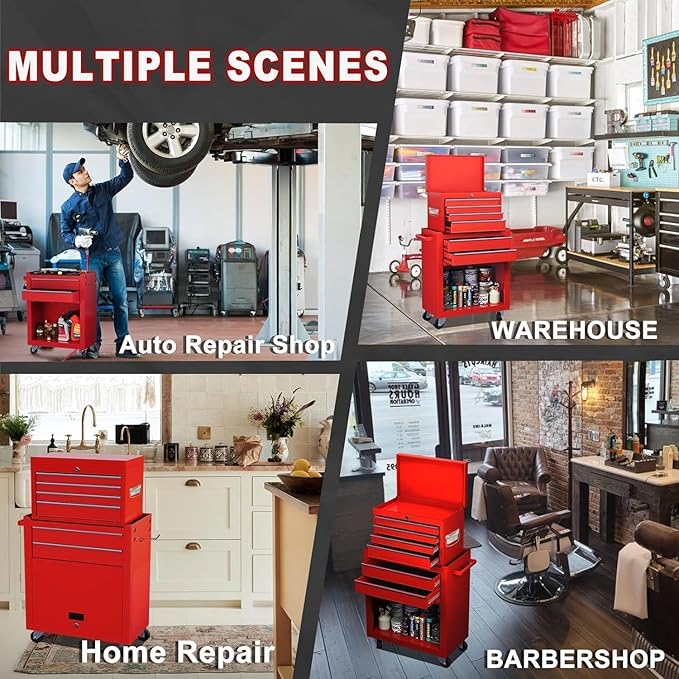 8-Drawer Rolling Tool Chest with Wheels - High Capacity Tool Cabinet with Detachable Top Toolbox for Garage and Workshop Organization - Metal Tool Cart with Liner & 6 Hooks, Red