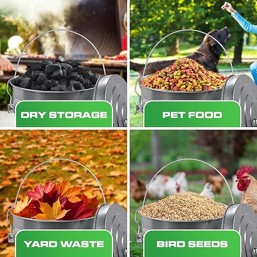 Plexon Metal Trash Can with Locking Lid Outdoor Storage Bucket for Bird Seed Ash 6-Gallon Galvanized Steel 3 Pack
