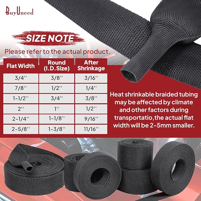 Heat Shrink Braided Sleeving, 2:1 Ratio Shrinkable Fabric Tubing Sleeve Abrasion Protection Cable Wire Sheath (1-3/8"-15ft)