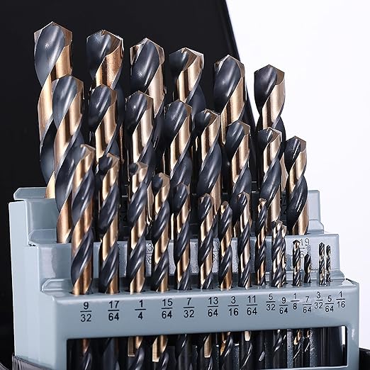 29Pcs Cobalt Drill Bit Set 1/16"-1/2", 135 Degree Tip HSS with Black and Gold Finish with Storage Case, Twist Jobber Drill Bit Kit for Cast Iron, Hard Metal, Stainless Steel, Plastic and Wood
