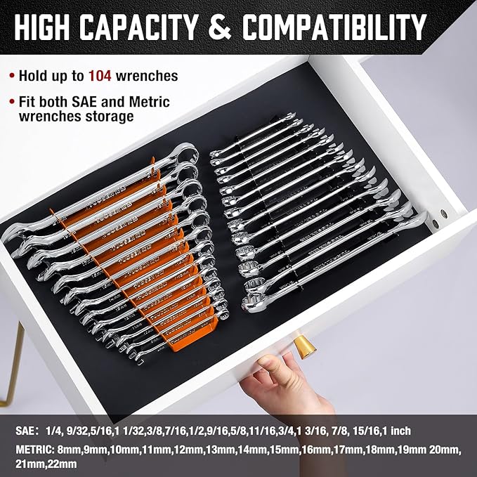 ALOANES 104-Slot Metal Wrench Organizer, Heavy Duty Wrench Organizer Tray for Tool Box, Fit SAE & Metric Wrench Storage, 8 Pack Wrench Holders(Orange)