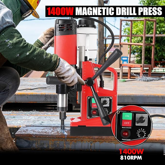 Magnetic Drill Press 1400W， 2" Boring Diameter, 810 RPM Heavy Duty Corded Mag Drill with 6pcs Cutters, Safety Kit & Case for Steel Plate, Iron Work