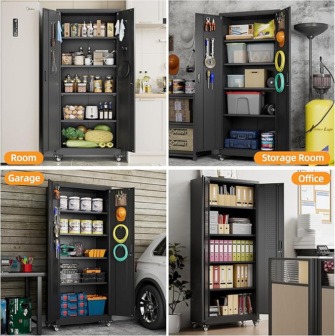 Aobabo 73''H Metal Garage Storage Cabinet with Wheels and Pegboards, 4 Adjustable Shelves Steel Storage Cabinets for Home,Warehouse,Garage,Assembly Required,Black