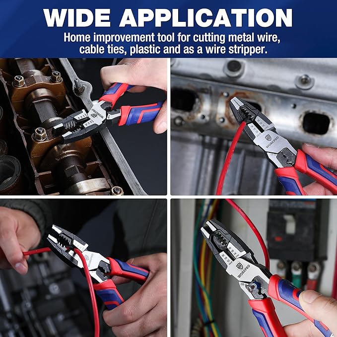 WORKPRO 6-in-1 Linesman Pliers with Wire Cutter and Stripper, 8 Inch Multipurpose Combination Pliers, Premium CRV Steel Hand Tool Plier for Twisting Cutting Wires and Clamping Screws