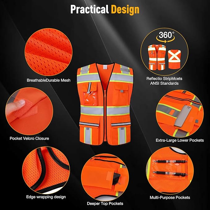 Class 2 Safety Vest with Zipper Front and multiple Pockets, High Visibility Vest, Meets ANSI/ISEA Standards