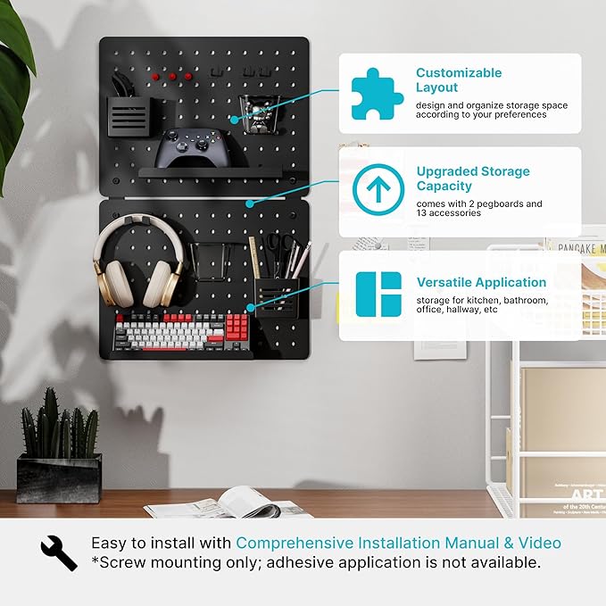 Pegboard Wall Organizer Combination Kit, Overall 25.4"x16.6" Metal Office Pegboard with 13 Accessories, Wall Mounted Peg board Display Panels for Home, Gaming Room, Garage (2Pcs, Medium,Black)