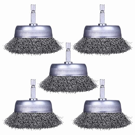 5 Pack Wire Cup Brush for Drill, Wire Brush for Drill 1/4 Inch Hex Shank, 0.012 Inch Coarse Carbon Steel- 3 Inch Wire Brush Drill Attachment