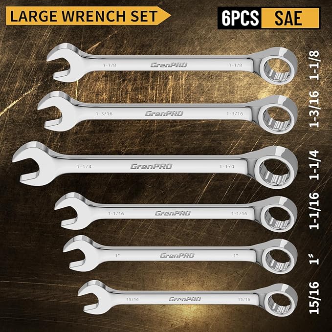 SAE Wrench Set, Large Wrench Set, 7-Piece 15/16″, 1", 1-1/16", 1-1/8", 1-3/16", 1-1/4" Long Big Open End Wrench Tools Set Roll Up Pouch Organizer with Gauge, 12 Point Combination Wrenches Sets