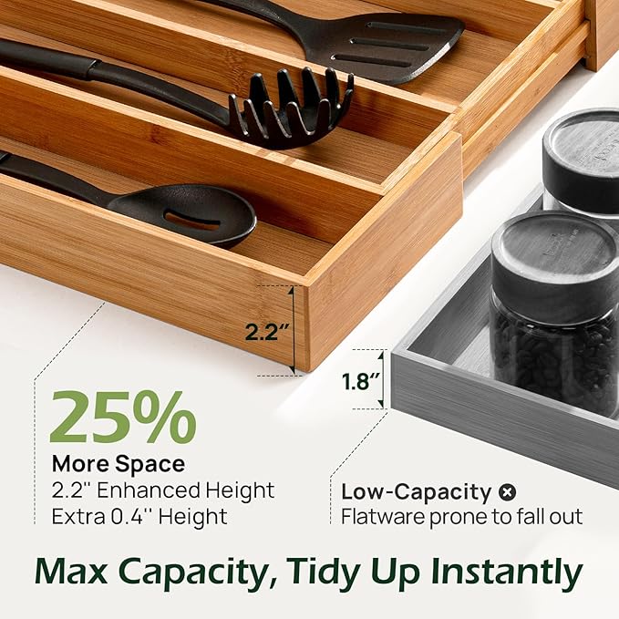 Carbonized Bamboo Kitchen Drawer Organizer, 5 Slots Expandable Silverware Organizer, Utensil Holder & Cutlery Tray, 2.2" Deep for Extra Capacity, Non-Slip Feet Included