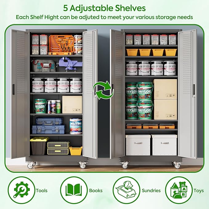 71" Metal Storage Cabinet with Wheels and Pegboard, Lockable Rolling Steel Storage Cabinet with 5 Adjustable Shelves and Door for Garage, Office, Kitchen, Assembly Required,Black and Grey