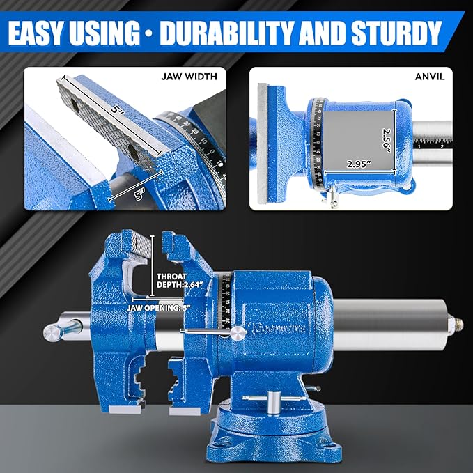 5-Inch Heavy Duty Bench Vise Ductile Iron Bench Vise 360° Multi-Purpose Bench Vice with Anvil, Clamp force 4000KG, Blue