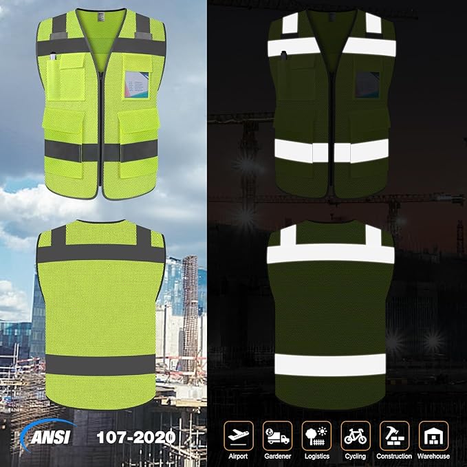TCCFCCT Mesh Hi Vis Vest 5 Pockets High Visibility Reflective Safety Vest for Men Women, Neon Construction Vest with Horizontal Strip for Walkie-talkie and ID Card, Meets ANSI/ISEA Standards, Yellow,
