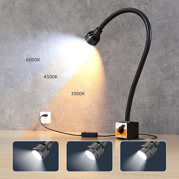 Magnetic Work Light,Three-ColorTemperature,1320Lumen 120v FlexibleGooseneck Work Light withAdjustable Focus and Magnetic Base for Lathe CNC MillingDrill Press SewingMachine Industrial Light