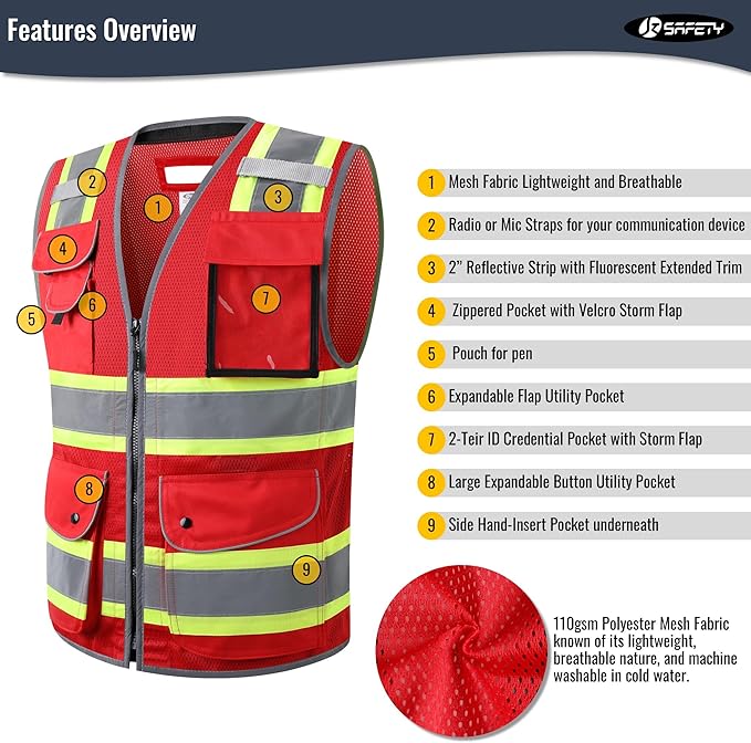 JKSafety 11 Pockets Hi-Vis Black Mesh Safety Vest for Men Women High Visibility Reflective Construction with Zipper Work Utility PPE Work Gear ANSI/ISEA compliant (102-Red L)