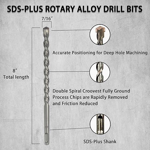 Direko 10-Piece 7/16 inch x 8 Inch SDS Plus Rotary Hammer Drill Bits Carbide Tipped Concert Drill Bits for Concrete, Brick, Cement Walls, Stone, Hammer Drill Bits for Concrete