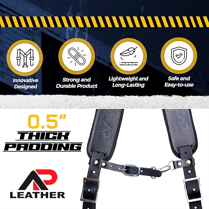 Tool Belt Suspenders – Heavy-Duty Adjustable Work Suspenders with 4 Detachable D-Loop for Construction Tool Belt (Black)