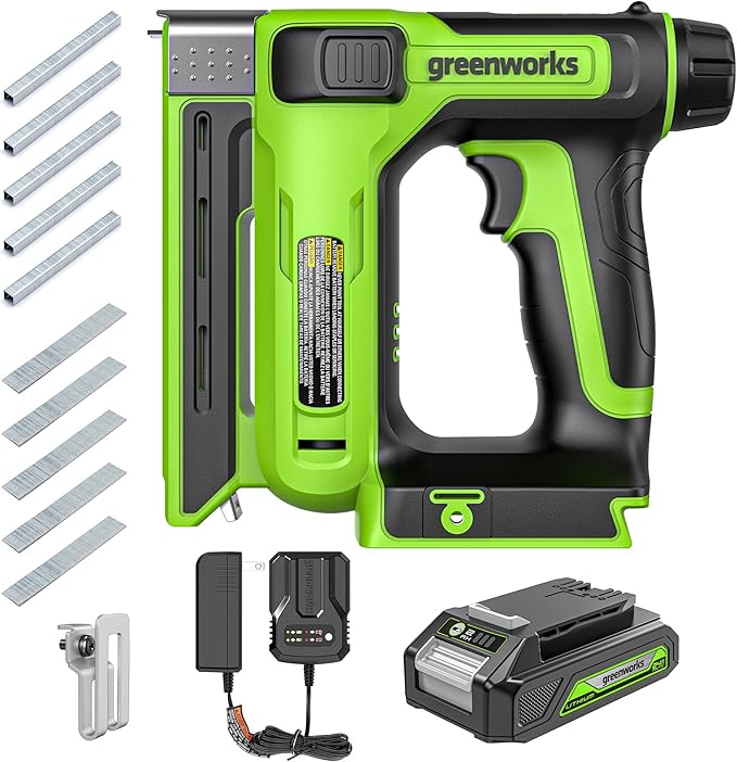 Greenworks 24V Cordless 3/8 in Crown T50 Stapler with 2Ah Battery and 2A Charger
